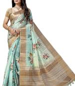 Turquoise woven silk saree with blouse