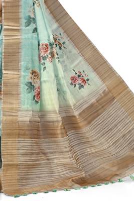 Turquoise woven silk saree with blouse 3