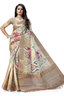 Beige woven silk saree with blouse 1