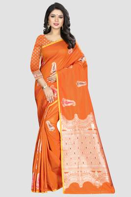 Orange Woven Kanchipuram Silk Saree With Blouse 1
