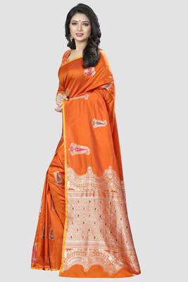 Orange Woven Kanchipuram Silk Saree With Blouse 2