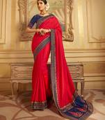 Red Embroidered Raw Silk Saree With Blouse