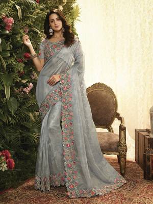 Grey Embroidered Pure Organza Saree With Blouse 1