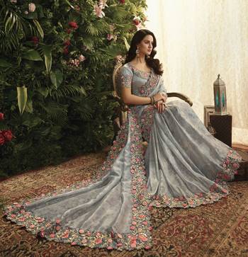 Grey Embroidered Pure Organza Saree With Blouse 2