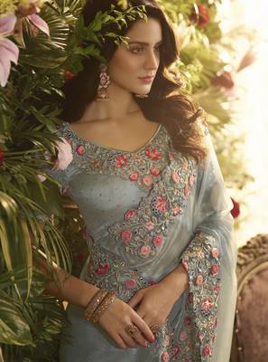 Grey Embroidered Pure Organza Saree With Blouse 5