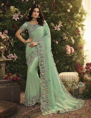 Turquoise Embroidered Pure Tissue Saree With Blouse 1