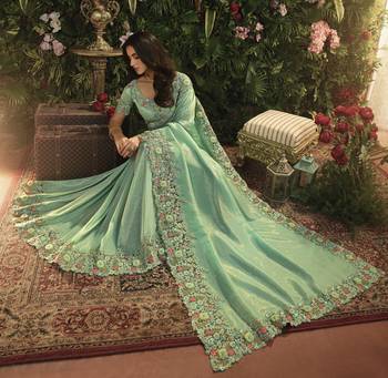 Turquoise Embroidered Pure Tissue Saree With Blouse 2