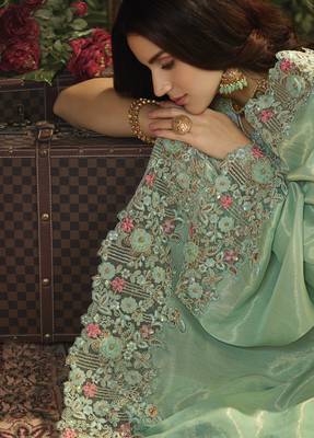 Turquoise Embroidered Pure Tissue Saree With Blouse 4