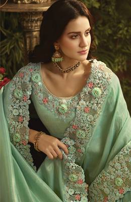 Turquoise Embroidered Pure Tissue Saree With Blouse 5