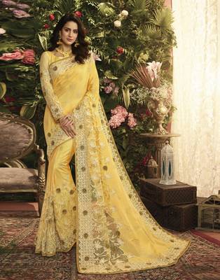Yellow Embroidered Pure Silk Saree With Blouse 1