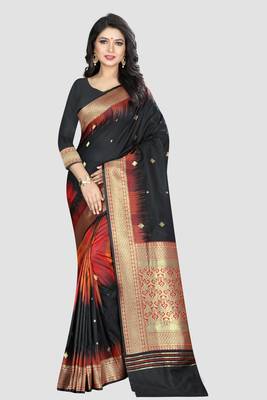 Black Woven Kanchipuram Silk Saree With Blouse 1