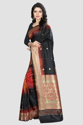 Black Woven Kanchipuram Silk Saree With Blouse 2
