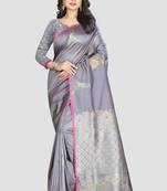 Grey Woven Kanchipuram Silk Saree With Blouse