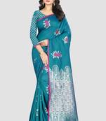 Turquoise Woven Kanchipuram Silk Saree With Blouse