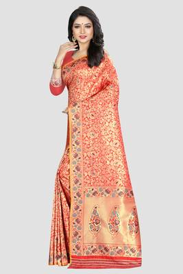 Red Woven Kanchipuram Silk Saree With Blouse 2