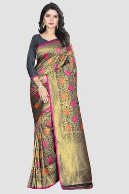 Black Woven Kanchipuram Silk Saree With Blouse 1