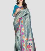 Turquoise Woven Kanchipuram Silk Saree With Blouse