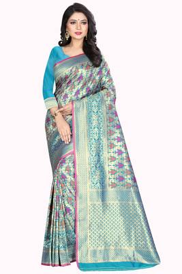 Turquoise Woven Kanchipuram Silk Saree With Blouse 1
