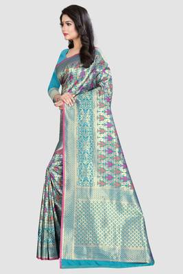 Turquoise Woven Kanchipuram Silk Saree With Blouse 2