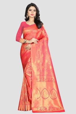 Pink Woven Kanchipuram Silk Saree With Blouse 1