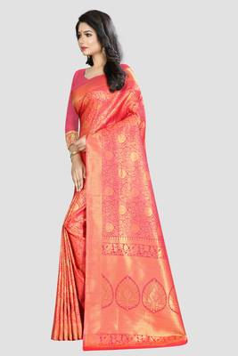 Pink Woven Kanchipuram Silk Saree With Blouse 2