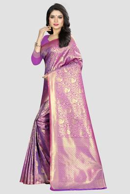 Purple Woven Kanchipuram Silk Saree With Blouse 2