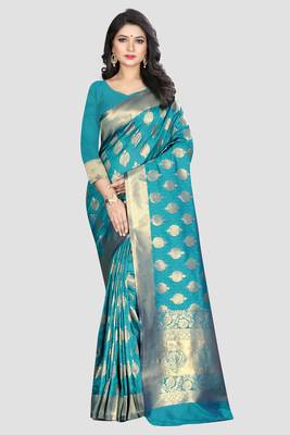 Turquoise Woven Kanchipuram Silk Saree With Blouse 1