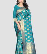Turquoise Woven Kanchipuram Silk Saree With Blouse