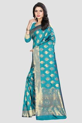 Turquoise Woven Kanchipuram Silk Saree With Blouse 2
