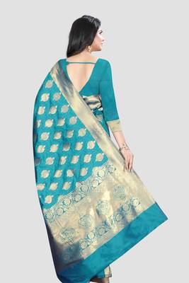 Turquoise Woven Kanchipuram Silk Saree With Blouse 3
