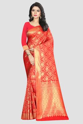 Red Woven Kanchipuram Silk Saree With Blouse 1