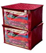 atorakushon   Satin Saree Cover Garments Cover Bag Wardrobe Organiser Up to 15 Clothes Storage Set Pack of 2 (Maroon)