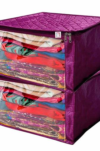 atorakushon   Satin Saree Cover Garments Cover Bag Wardrobe Organiser Up to 15 Clothes Storage Set Pack of 2 (Purple)
