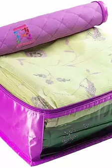 atorakushon   Satin Saree Cover Garments Cover Bag Wardrobe Organiser Up to 15 Clothes Storage Set Pack of 3 (Purple)