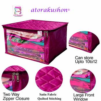 atorakushon   Satin Saree Cover Garments Cover Bag Wardrobe Organiser Up to 15 Clothes Storage Set Pack of 3 (Purple) 4