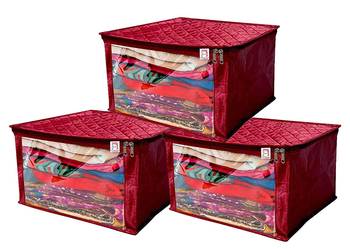 atorakushon   Satin Saree Cover Garments Cover Bag Wardrobe Organiser Up to 15 Clothes Storage Set Pack of 3 (Maroon) 1