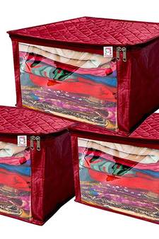 atorakushon   Satin Saree Cover Garments Cover Bag Wardrobe Organiser Up to 15 Clothes Storage Set Pack of 3 (Maroon)