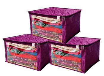 atorakushon   Satin Saree Cover Garments Cover Bag Wardrobe Organiser Up to 15 Clothes Storage Set Pack of 3 (Purple) 1