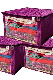atorakushon   Satin Saree Cover Garments Cover Bag Wardrobe Organiser Up to 15 Clothes Storage Set Pack of 3 (Purple)