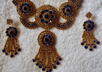 Traditional AD Zircon Stone Blue Fancy Stylish Party Wear Wedding necklace earring mangtika set 2