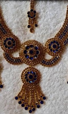 Traditional AD Zircon Stone Blue Fancy Stylish Party Wear Wedding necklace earring mangtika set 3