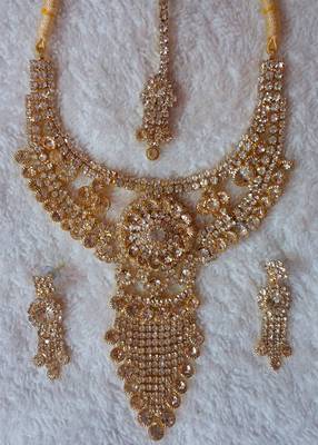 Traditional AD Zircon Stone White And Goldeen Fancy Stylish Party Wear Wedding necklace earring mangtika set 1