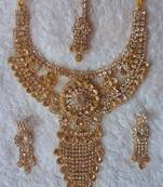 Traditional AD Zircon Stone White And Goldeen Fancy Stylish Party Wear Wedding necklace earring mangtika set