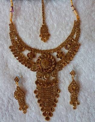 Traditional AD Zircon Stone Golden Fancy Stylish Party Wear Wedding necklace earring mangtika set 1