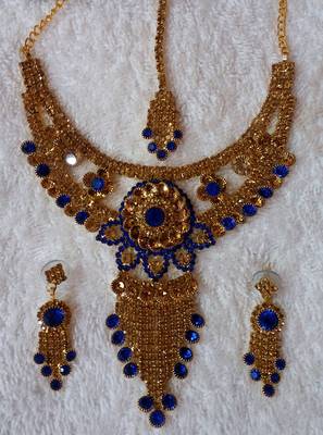 Traditional AD Zircon Stone Blue Fancy Stylish Party Wear Wedding necklace earring mangtika set 1