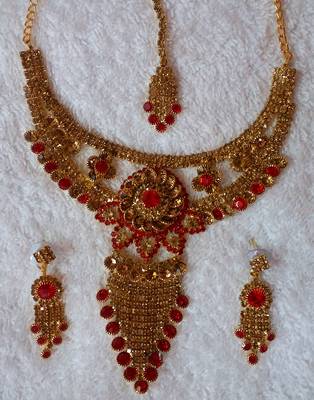 Traditional AD Zircon Stone Red And Golden Fancy Stylish Party Wear Wedding necklace earring mangtika set 1