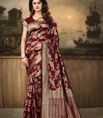 Maroon woven jacquard saree with blouse
