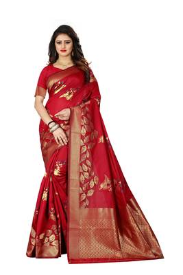 Red Woven Jacquard Saree With Blouse 2