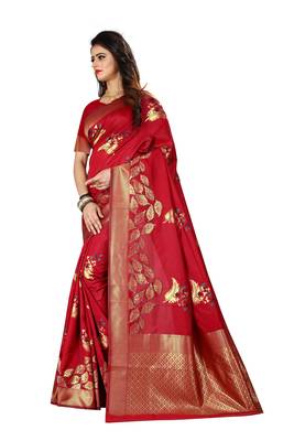 Red Woven Jacquard Saree With Blouse 3