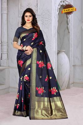 Navy Blue Woven Jacquard Saree With Blouse 1